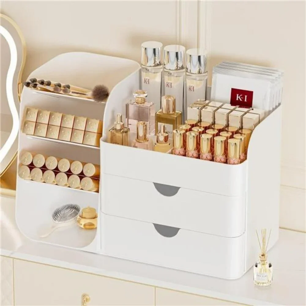 Large makeup organizer with drawers and brush holder vanity countertop storage